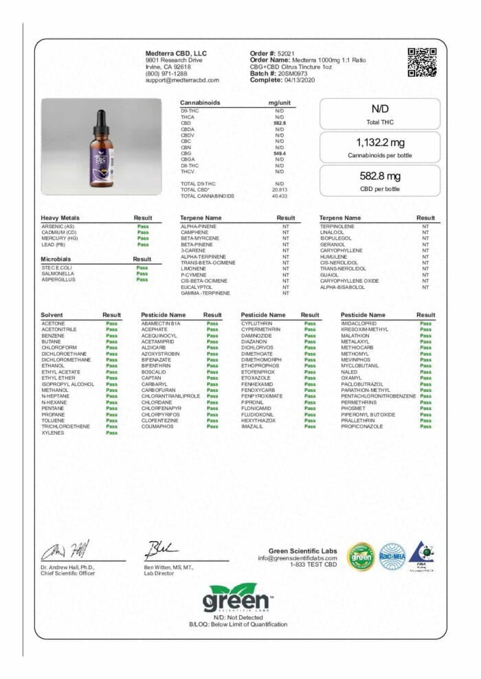 Medterra CBD + CBG Oil 1:1 Citrus 1000mg COA Lab Result