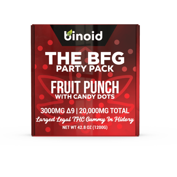 Fruit Punch Largest Legal THC Gummy History BFG 3000mg Delta 9 THC 20000 Cannabinioids Blueberry-Delight Binoid.